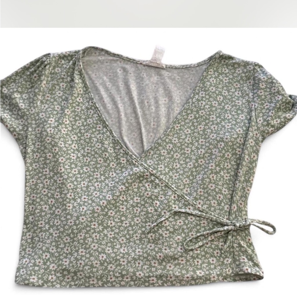Sage Green Ditsy Floral Wrap Top | Cottagecore Crop Blouse